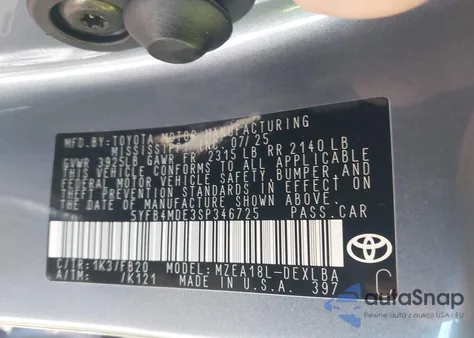 2025 Toyota Corolla Le из США, поврежденный, VIN 5YFB4MDE3SP346725